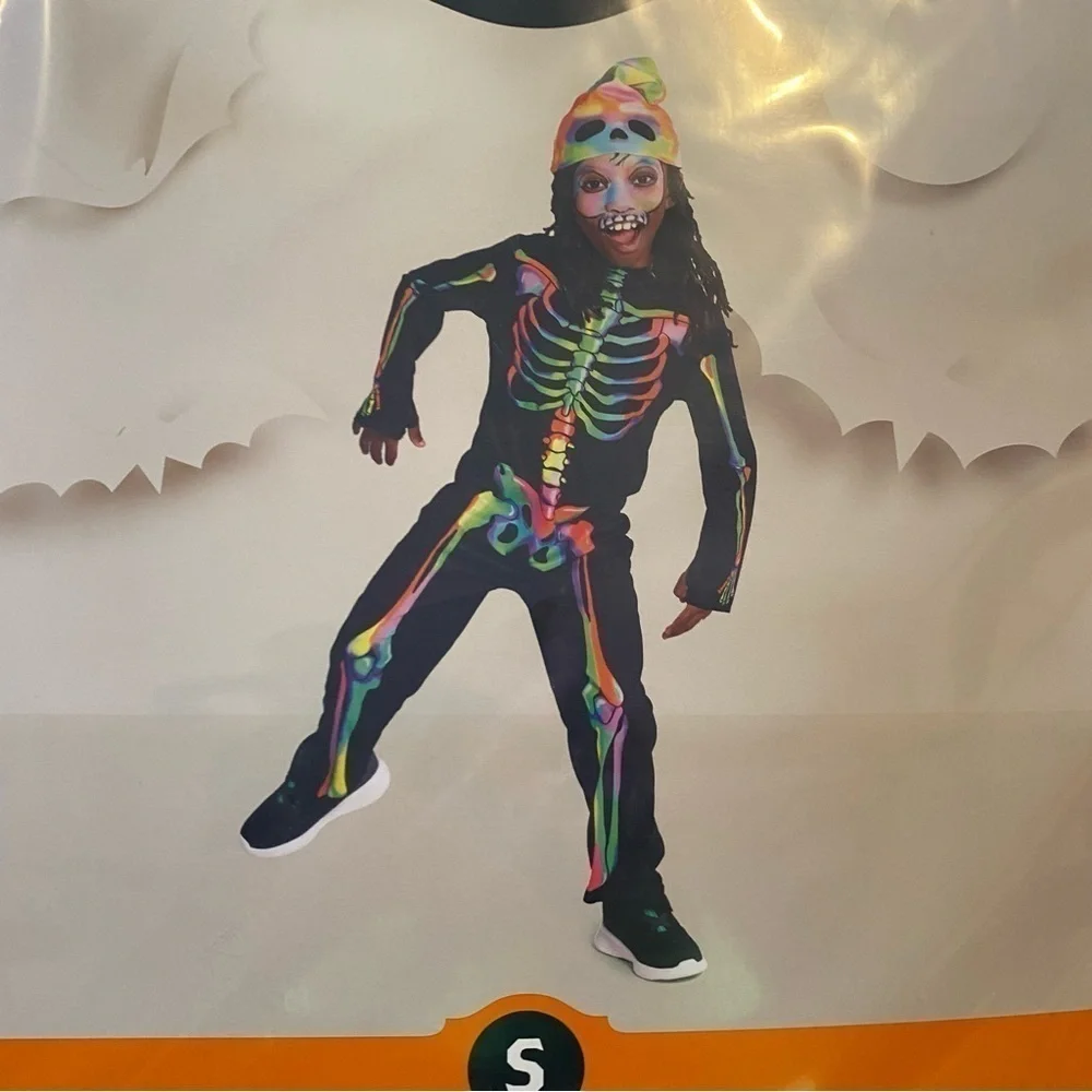 Color Melt Skeleton Costume NEW Small Glow in the Dark Bodysuit Rainbow Kids